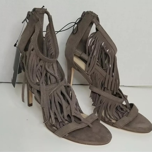 Taupe "Radiohead" Faux Suede Fringe Open Toe Heeled Sandals - Picture 6 of 12